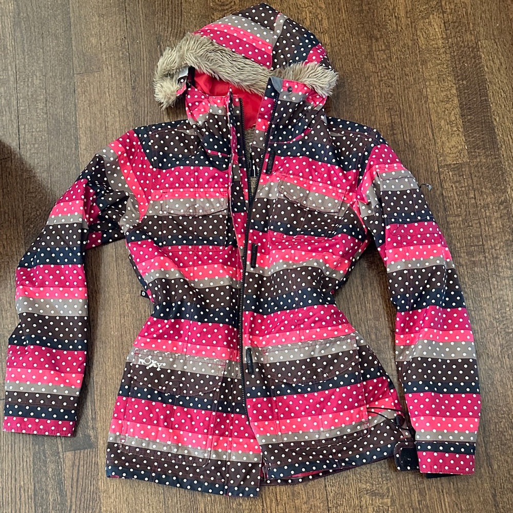 ROXY Pink and Black Polka Dot Striped Jacket